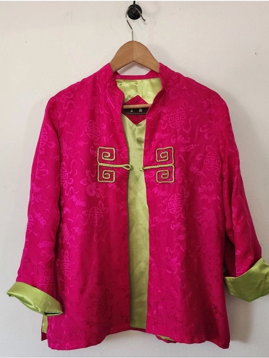zhiya Jackets & Blazers - New Fuchsia 100% Silk Mandarin Jacket/cardigan with Lime Trim